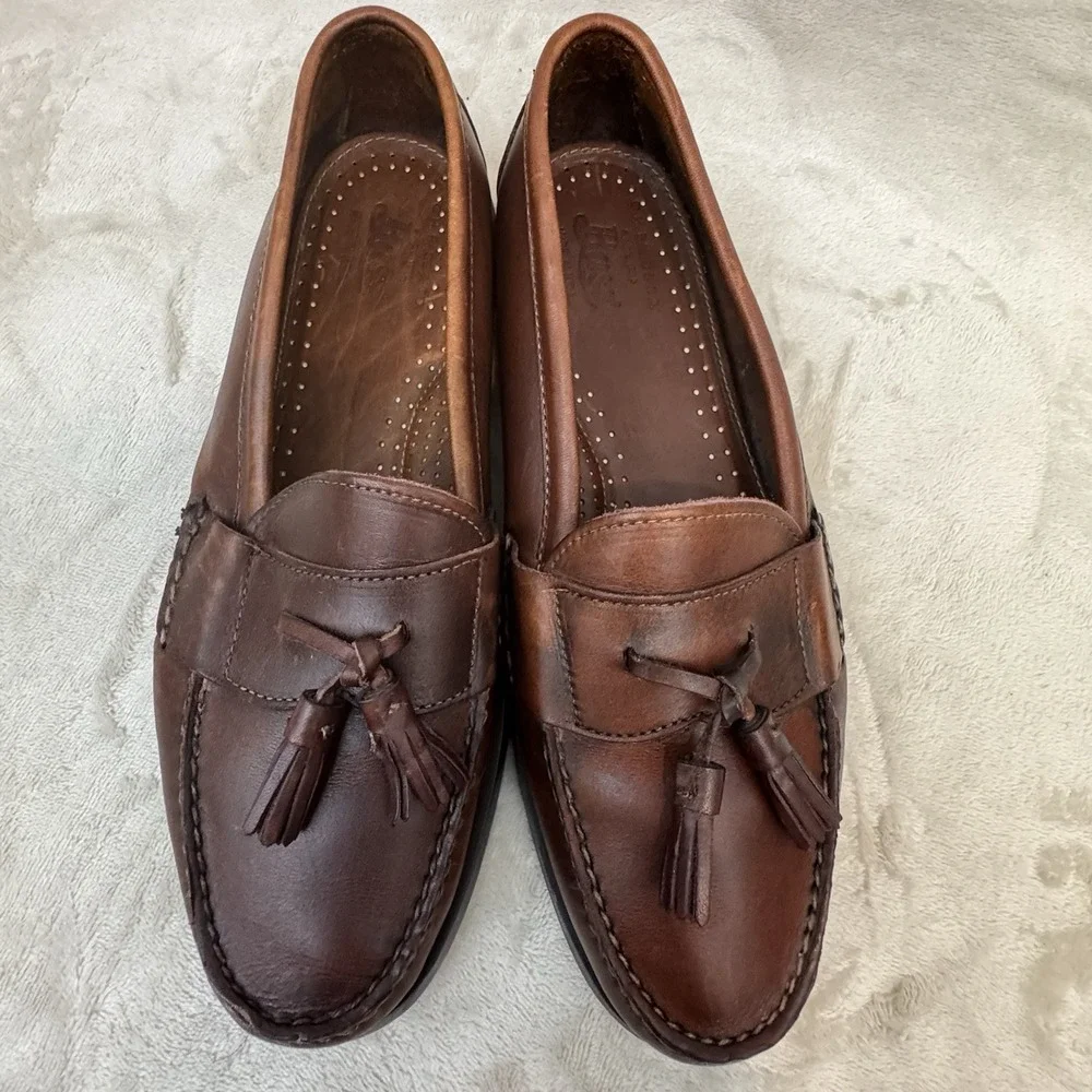 G.H. Bass Brown Leather Tassel Loafers Moc Toe Slip On Men's US 9 D Made USA